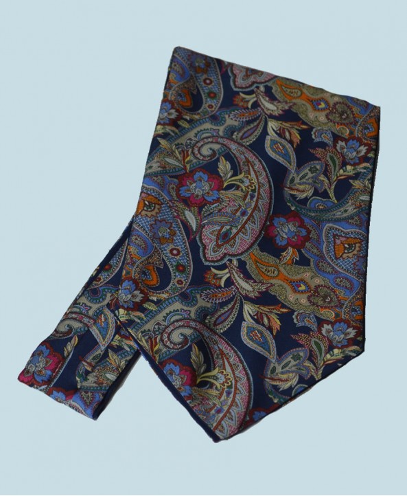 Fine Silk Carnaby Carnival Paisley Pattern Cravat in Navy